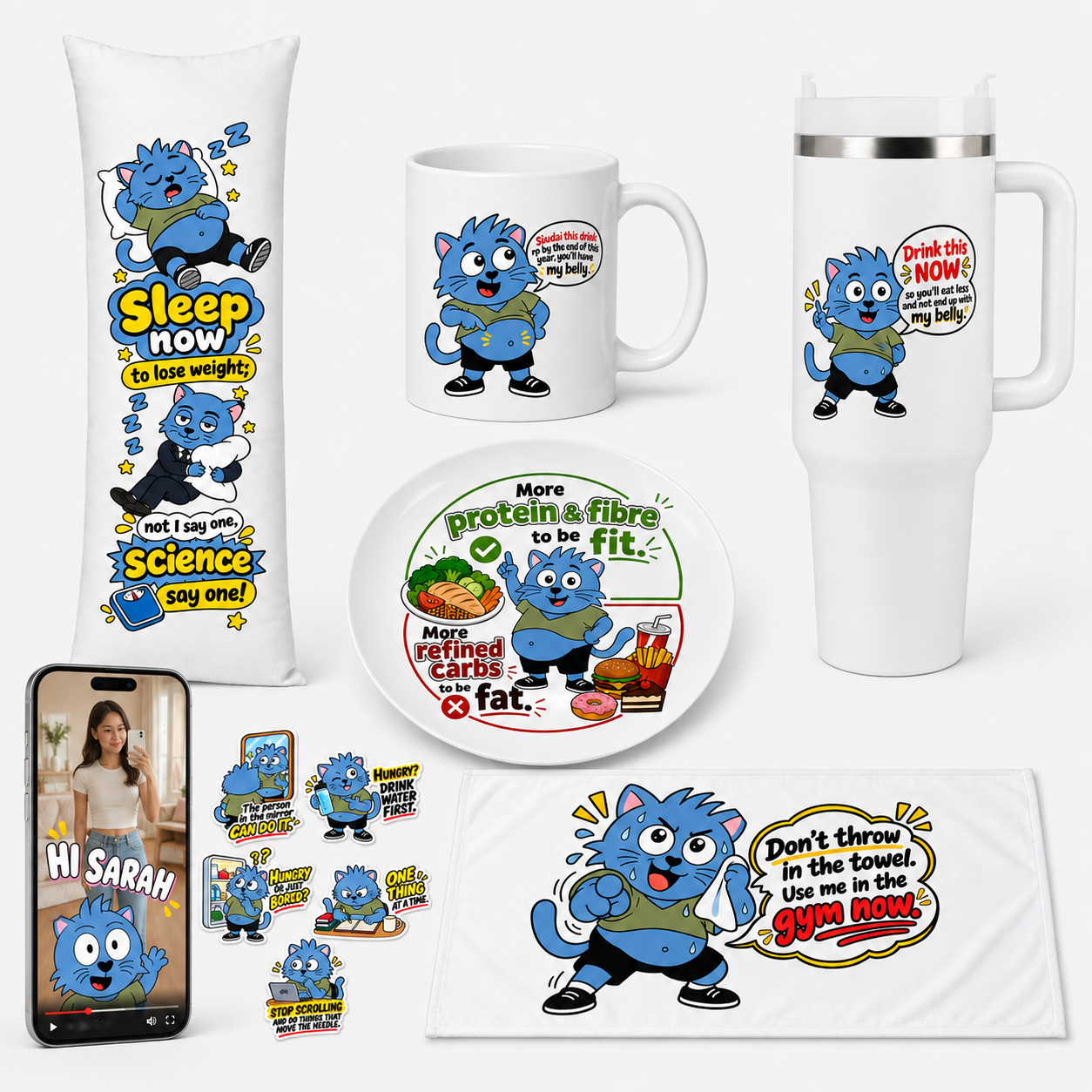 The Blue Cats Keep Me In Check merchandise bundle featuring a pillow, mug, tumbler, plate, stickers, and gym towel